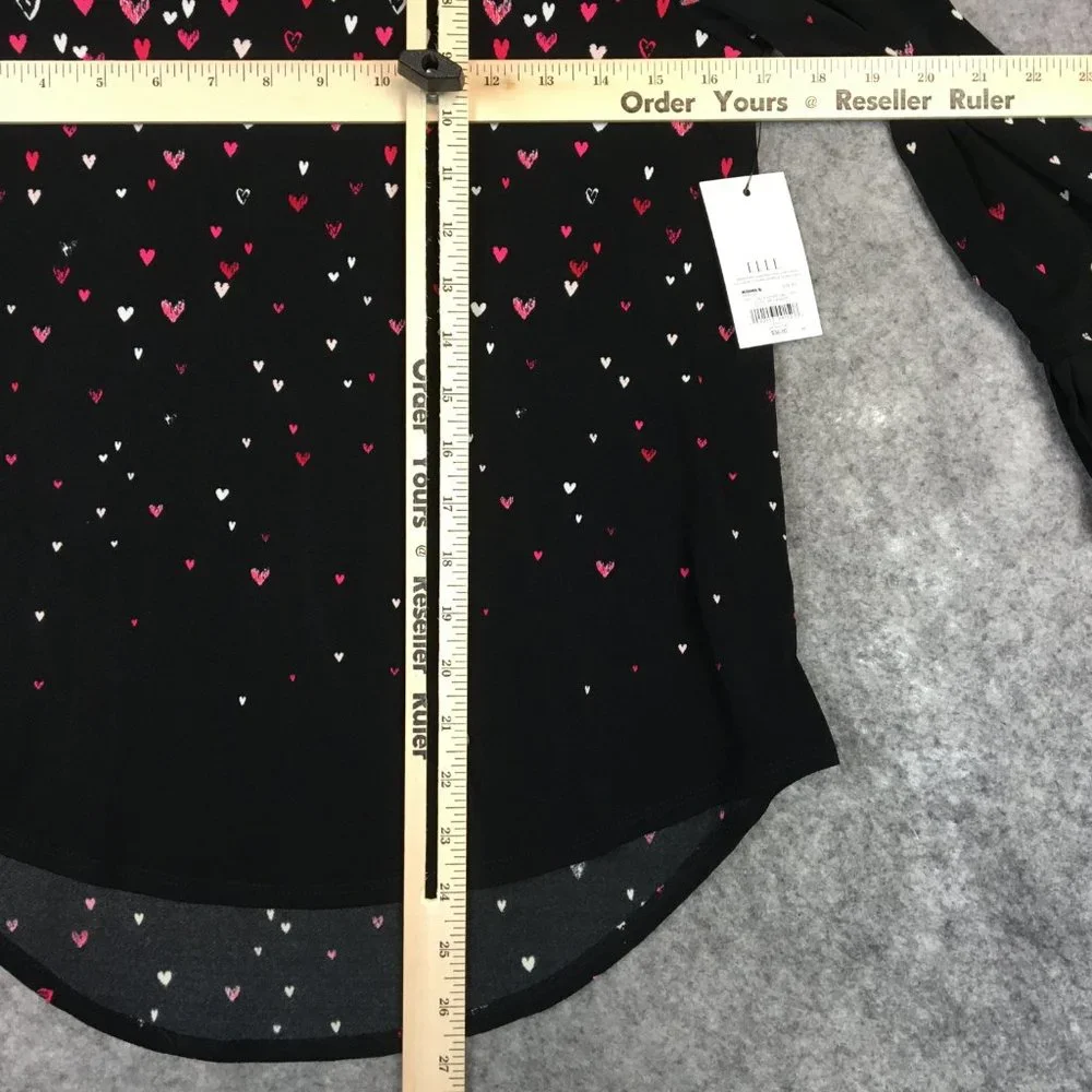 Elle Top XS Blouse Career Heart Print Crepe Black Accordion Pleat Sleeves Pink - Picture 9 of 13